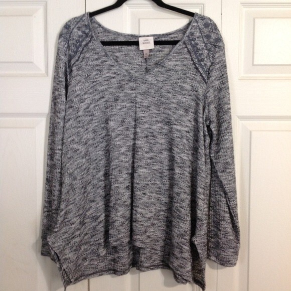 KNOX ROSE Size X-Large Gray Marled Waffle Knit Long Sleeve Embroidered Top Boho - Picture 2 of 9